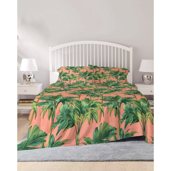 4 Piece King Sheet Set Palm Tree Tropical Sheets Set for King Size Bed, Breathable Soft Microfiber Bed Sheets Cooling Pink Summer Botanical Leaves Fitted Sheet Deep Pocket, Pillowcases