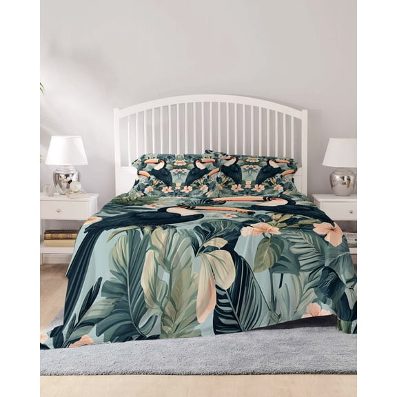 4 Piece King Sheet Set Parrot Tripical Sheets Set for King Size Bed, Breathable Soft Microfiber Bed Sheets Cooling Green Coconut Tree Leaves Botanical Fitted Sheet Deep Pocket, Pillowcases