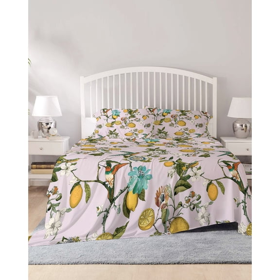 4 Piece King Sheet Set Pink Botanical Sheets Set for King Size Bed, Breathable Soft Microfiber Bed Sheets Cooling Spring Floral Summer Lemon Birds Fitted Sheet Deep Pocket, Pillowcases