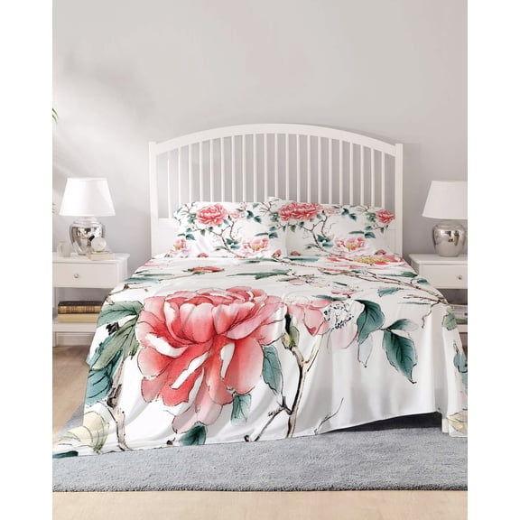 4 Piece King Sheet Set Pink Green Botanical Sheets Set for King Size Bed, Breathable Soft Microfiber Bed Sheets Cooling Summer Flower Branch Leaf Plant Fitted Sheet Deep Pocket, Pillowcases