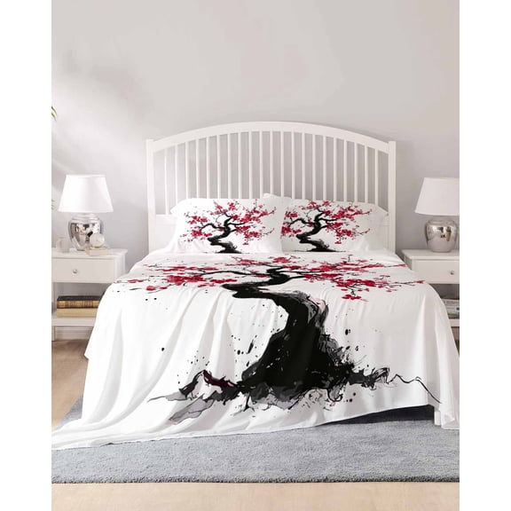 4 Piece King Sheet Set Plum Tree Branches Sheets Set for King Size Bed, Breathable Soft Microfiber Bed Sheets Cooling Spring Chinese Traditional Ink Painting Fitted Sheet Deep Pocket, Pillowcases