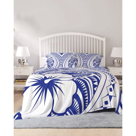 4 Piece King Sheet Set Polynesia Texture Sheets Set for King Size Bed, Breathable Soft Bed Sheets Cooling Vintage Traditional Tribe Floral Abstract Art Blue Fitted Sheet Deep Pocket, Pillowcases