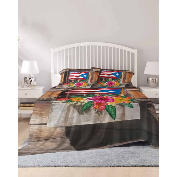 4 Piece King Sheet Set Puerto Rico Flag Sheets Set for King Size Bed, Breathable Soft Microfiber Bed Sheets Cooling Farmhouse Retro Flowers American Flags Fitted Sheet Deep Pocket, Pillowcases
