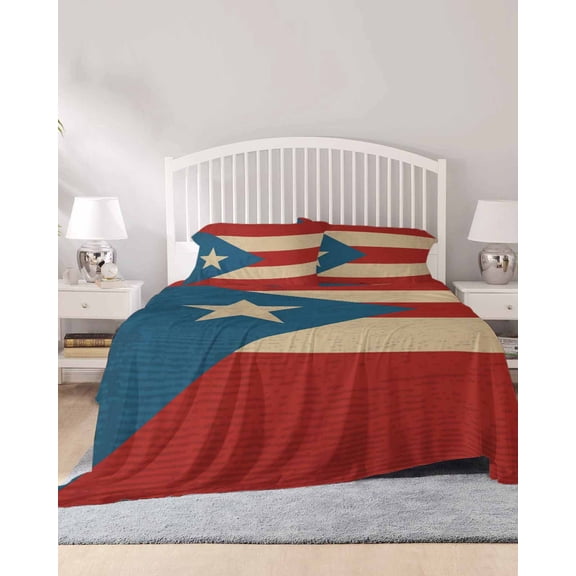 4 Piece King Sheet Set Puerto Rico Flag Sheets Set for King Size Bed, Breathable Soft Microfiber Bed Sheets Cooling Red Blue Vintage Fitted Sheet Deep Pocket, Pillowcases