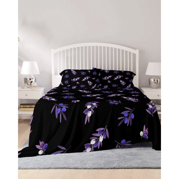 4 Piece King Sheet Set Purple Olive Fruits Sheets Set for King Size Bed, Breathable Soft Microfiber Bed Sheets Cooling Spring Farm Branches Leaves Plants Black Fitted Sheet Deep Pocket, Pillowcases