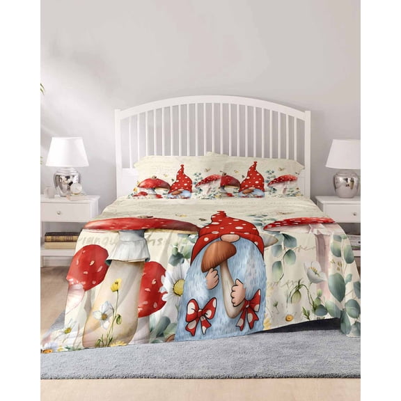4 Piece King Sheet Set Red Mushroom Gnomes Sheets Set for King Size Bed, Breathable Soft Microfiber Bed Sheets Cooling Spring Botanical Eucalyptus Leaves Fitted Sheet Deep Pocket, Pillowcases