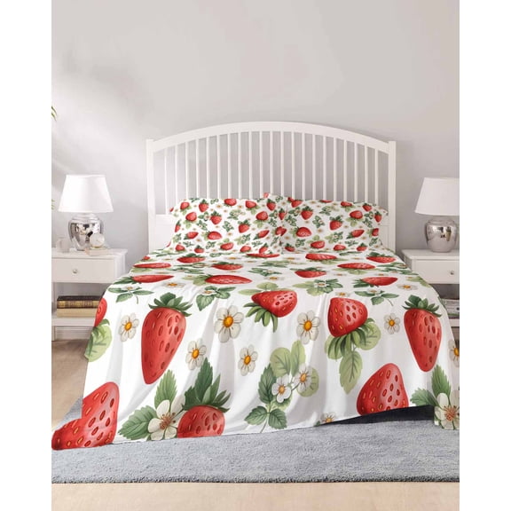 4 Piece King Sheet Set Red Strawberry Sheets Set for King Size Bed, Breathable Soft Microfiber Bed Sheets Cooling Summer Fruits Farmhouse Leaves Floral Rustic Fitted Sheet Deep Pocket, Pillowcases