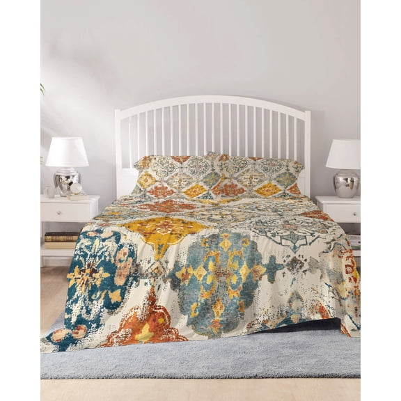 4 Piece King Sheet Set Retro Morocco Sheets Set for King Size Bed, Breathable Soft Microfiber Bed Sheets Cooling Boho Shabby Abstract Geometric Aesthetic Fitted Sheet Deep Pocket, Pillowcases