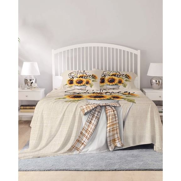 4 Piece King Sheet Set Retro Sunflowers Sheets Set for King Size Bed, Breathable Soft Microfiber Bed Sheets Cooling Country Summer Spring Botanical Floral Fitted Sheet Deep Pocket, Pillowcases