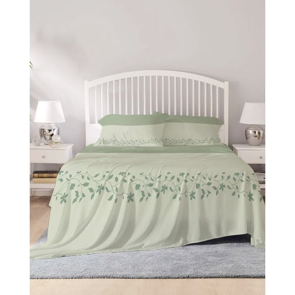 4 Piece King Sheet Set Sage Green Botanical Sheets Set for King Size Bed, Breathable Soft Microfiber Bed Sheets Cooling Spring Floral Leaf Fitted Sheet Deep Pocket, Pillowcases