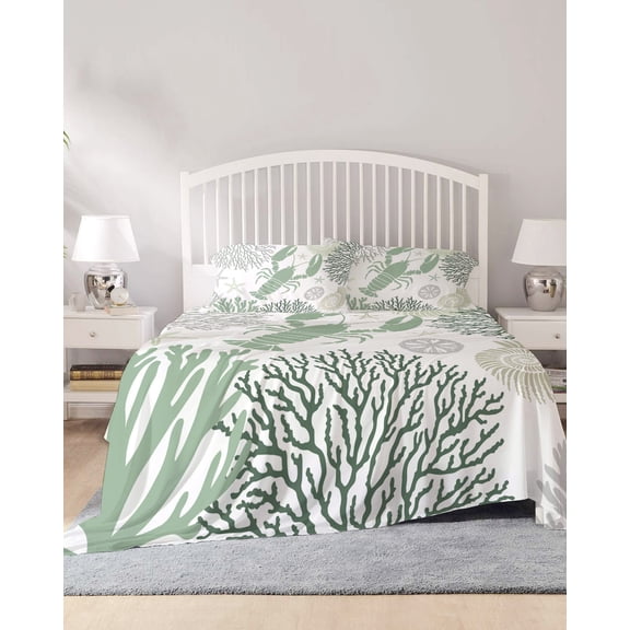 4 Piece King Sheet Set Sage Green Coastal Sheets Set for King Size Bed, Breathable Soft Microfiber Bed Sheets Cooling Summer Lobster Coral Nautical Fitted Sheet Deep Pocket, Pillowcases