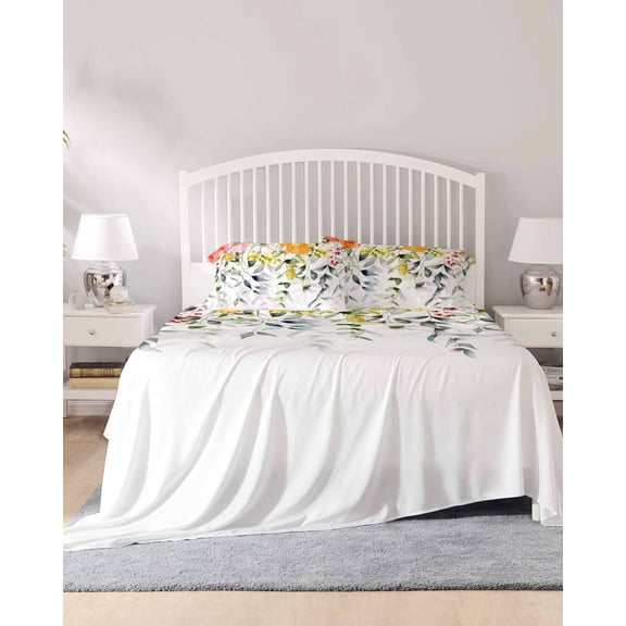 4 Piece King Sheet Set Sage Green Eucalyptus Sheets Set for King Size Bed, Breathable Soft Microfiber Bed Sheets Cooling Spring Farmhouse Tulips Leaves Fitted Sheet Deep Pocket, Pillowcases