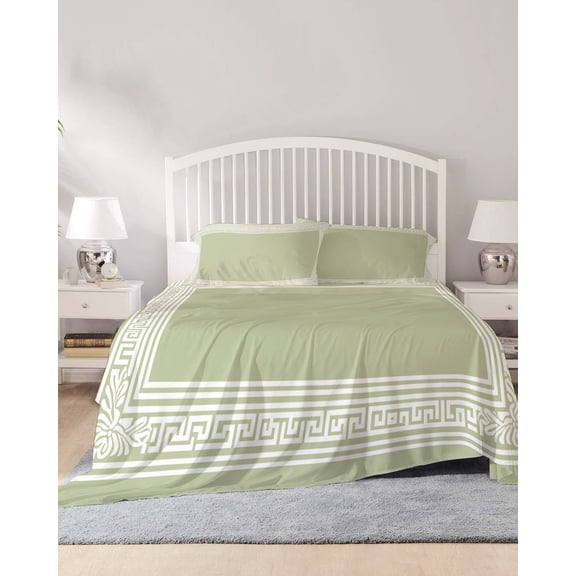 4 Piece King Sheet Set Sage Green Greek Key Sheets Set for King Size Bed, Breathable Soft Microfiber Bed Sheets Cooling Geometric Greece Ancient Farmhouse Geo Fitted Sheet Deep Pocket, Pillowcases
