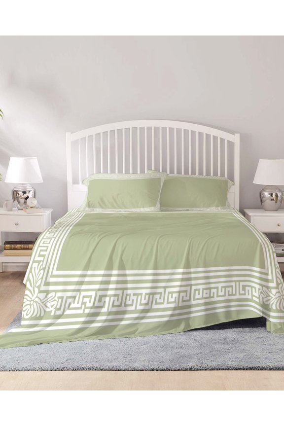 4 Piece King Sheet Set Sage Green Greek Key Sheets Set for King Size Bed, Breathable Soft Microfiber Bed Sheets Cooling Geometric Greece Ancient Farmhouse Geo Fitted Sheet Deep Pocket, Pillowcases