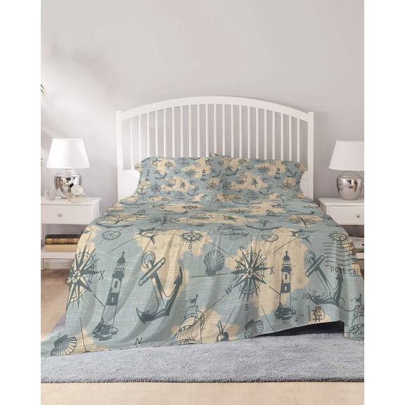 4 Piece King Sheet Set Sailing Anchor Sheets Set for King Size Bed, Breathable Soft Microfiber Bed Sheets Cooling Retro Compass Lighthouse Fish Route Map Fitted Sheet Deep Pocket, Pillowcases