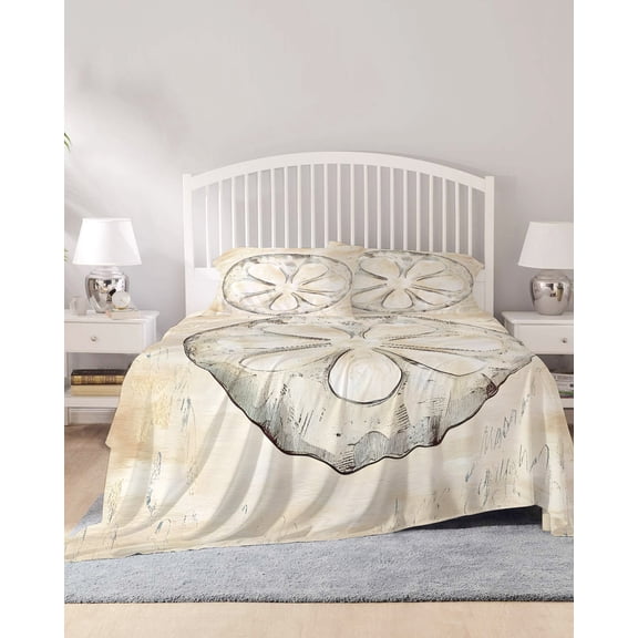 4 Piece King Sheet Set Sand Dollar Coastal Sheets Set for King Size Bed, Breathable Soft Microfiber Bed Sheets Cooling Summer Beach Beige Sea Fitted Sheet Deep Pocket, Pillowcases