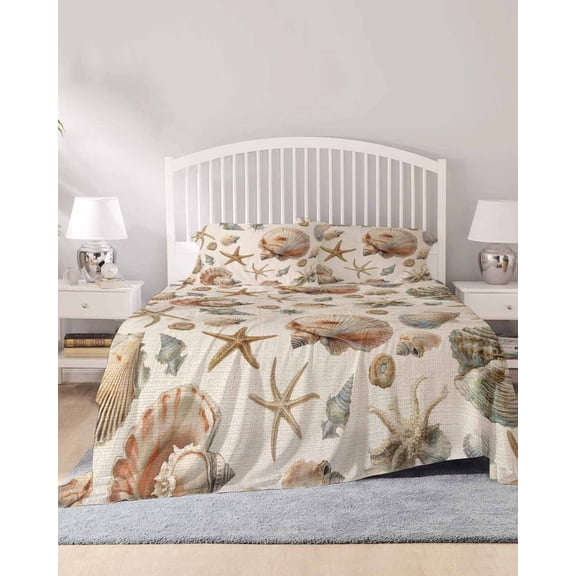 4 Piece King Sheet Set Seashell Coastal Sheets Set for King Size Bed, Breathable Soft Microfiber Bed Sheets Cooling Summer Beach Ocean Starfish Burlap Fitted Sheet Deep Pocket, Pillowcases