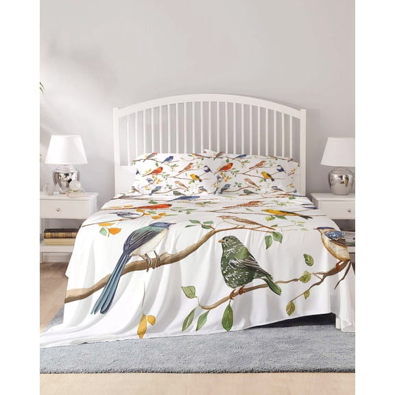 4 Piece King Sheet Set Spring Bird Leaf Sheets Set for King Size Bed, Breathable Soft Microfiber Bed Sheets Cooling Farmhouse Tree Branch Nature Animals Fitted Sheet Deep Pocket, Pillowcases