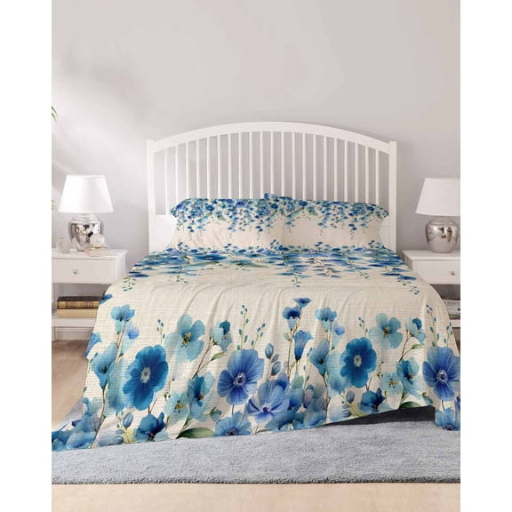 4 Piece King Sheet Set Spring Blue Floral Sheets Set for King Size Bed, Breathable Soft Microfiber Bed Sheets Cooling Farmhouse Weeping Floral Leaves Burlap Fitted Sheet Deep Pocket, Pillowcases