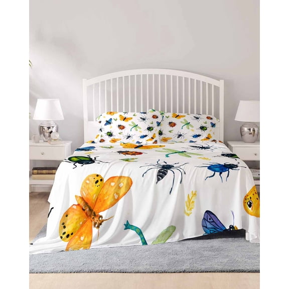 4 Piece King Sheet Set Spring Butterfly Dragonfly Sheets Set for King Size Bed, Breathable Soft Microfiber Bed Sheets Cooling Farmhouse Botanical Floral Fitted Sheet Deep Pocket, Pillowcases