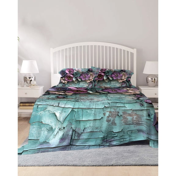 4 Piece King Sheet Set Spring Floral Sheets Set for King Size Bed, Breathable Soft Microfiber Bed Sheets Cooling Blue Mottled Walls Vintage Garden Pastoral Fitted Sheet Deep Pocket, Pillowcases