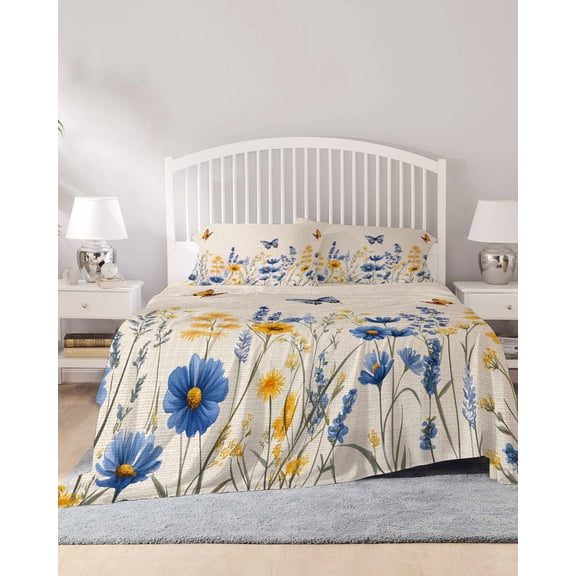 4 Piece King Sheet Set Spring Flowers Sheets Set for King Size Bed, Breathable Soft Microfiber Bed Sheets Cooling Summer Rustic Butterfly Botanical Beige Fitted Sheet Deep Pocket, Pillowcases