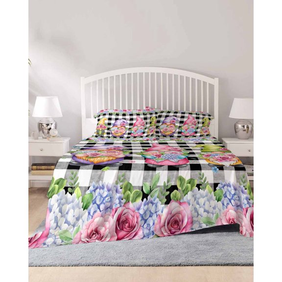 4 Piece King Sheet Set Spring Gnomes Sheets Set for King Size Bed, Breathable Soft Microfiber Bed Sheets Cooling Botanical Rose Leaves Black Buffalo Plaid Fitted Sheet Deep Pocket, Pillowcases