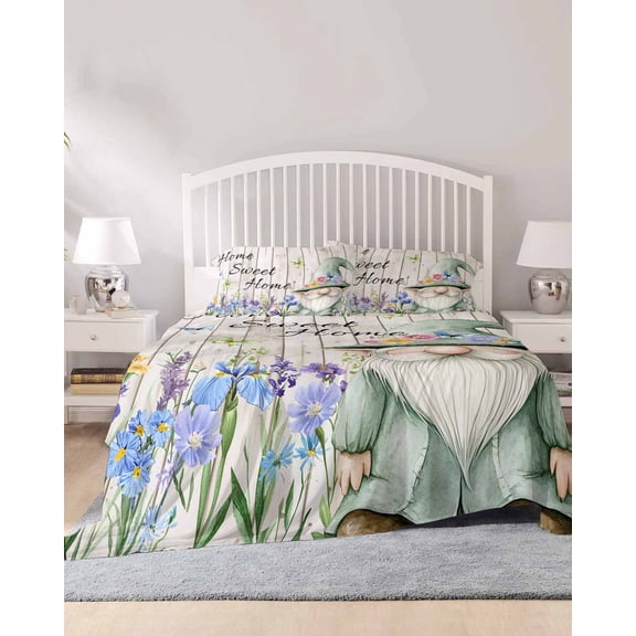 4 Piece King Sheet Set Spring Gnomes Sheets Set for King Size Bed, Breathable Soft Microfiber Bed Sheets Cooling Rustic Botanical Flowers Beige Wooden Fitted Sheet Deep Pocket, Pillowcases