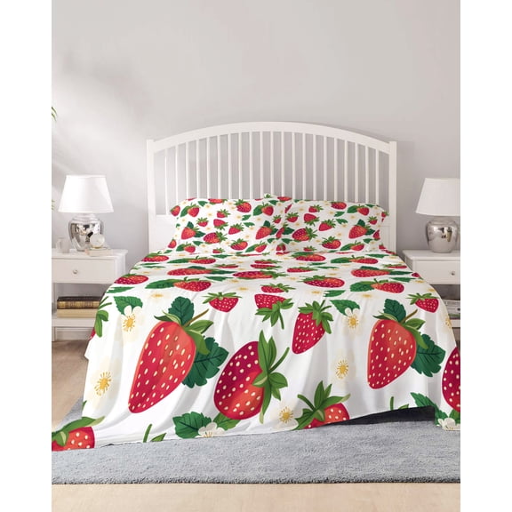 4 Piece King Sheet Set Strawberry Rustic Sheets Set for King Size Bed, Breathable Soft Microfiber Bed Sheets Cooling Spring Summer Floral Fruit Fitted Sheet Deep Pocket, Pillowcases