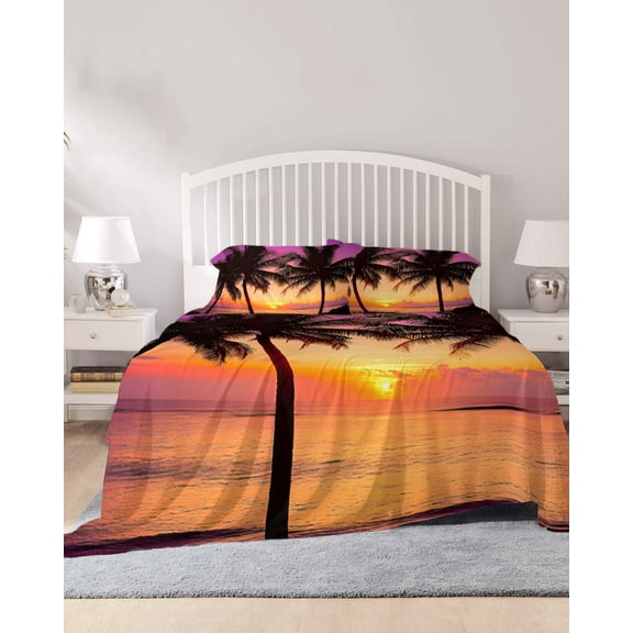 4 Piece King Sheet Set Summer Beach Sheets Set for King Size Bed, Breathable Soft Microfiber Bed Sheets Cooling Ocean Orange Sunset Shoreline Seascape Fitted Sheet Deep Pocket, Pillowcases