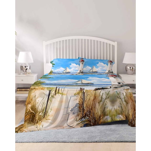 4 Piece King Sheet Set Summer Beach Sheets Set for King Size Bed, Breathable Soft Microfiber Bed Sheets Cooling Retro Lighthouse Sailing Nautical Fitted Sheet Deep Pocket, Pillowcases