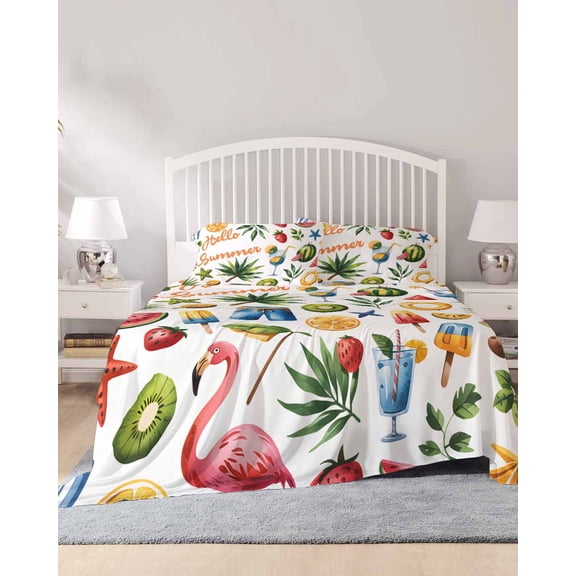 4 Piece King Sheet Set Summer Beach Sheets Set for King Size Bed, Breathable Soft Microfiber Bed Sheets Cooling Tropical Coconut Watermelon Lemon Flamingo Fitted Sheet Deep Pocket, Pillowcases