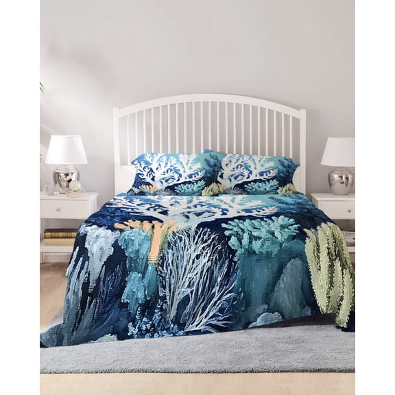 4 Piece King Sheet Set Summer Coastal Sheets Set for King Size Bed, Breathable Soft Microfiber Bed Sheets Cooling Ocean Oil Painting Coral Fitted Sheet Deep Pocket, Pillowcases