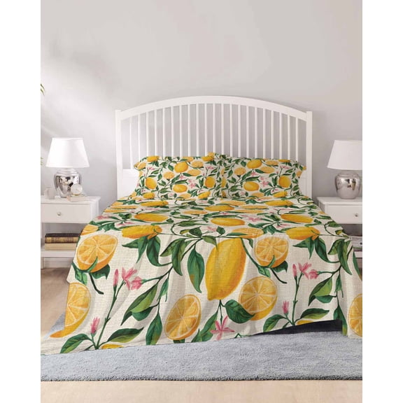 4 Piece King Sheet Set Summer Lemon Sheets Set for King Size Bed, Breathable Soft Microfiber Bed Sheets Cooling Country Botanical Fruit Flowers Fitted Sheet Deep Pocket, Pillowcases