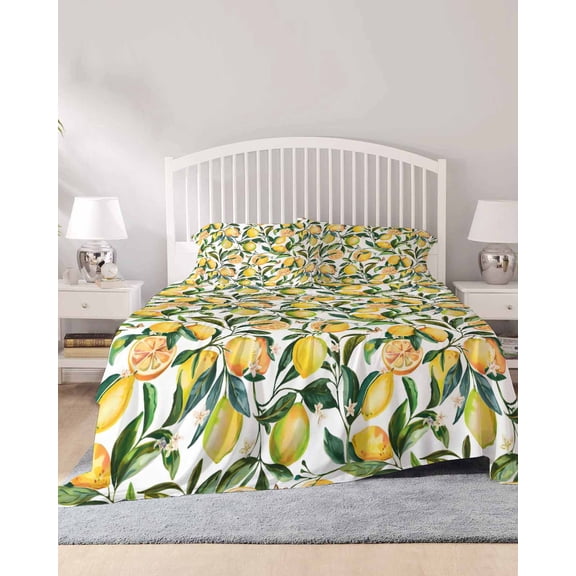 4 Piece King Sheet Set Summer Lemon Sheets Set for King Size Bed, Breathable Soft Microfiber Bed Sheets Cooling Farmhouse Tropical Botanical Fruit Fitted Sheet Deep Pocket, Pillowcases