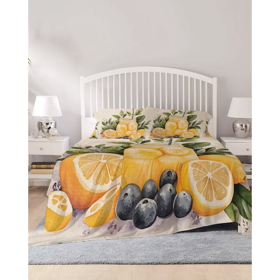 4 Piece King Sheet Set Summer Lemon Sheets Set for King Size Bed, Breathable Soft Microfiber Bed Sheets Cooling Yellow Fruits Grape Green Leaf Vase Fitted Sheet Deep Pocket, Pillowcases