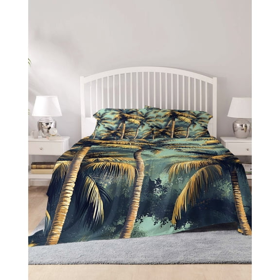 4 Piece King Sheet Set Summer Palm Tree Sheets Set for King Size Bed, Breathable Soft Microfiber Bed Sheets Cooling Farmhouse Nature Tropical Plant Leaves Fitted Sheet Deep Pocket, Pillowcases