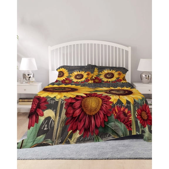 4 Piece King Sheet Set Sunflower Retro Sheets Set for King Size Bed, Breathable Soft Microfiber Bed Sheets Cooling Spring Summer Rustic Flowers Botanical Fitted Sheet Deep Pocket, Pillowcases