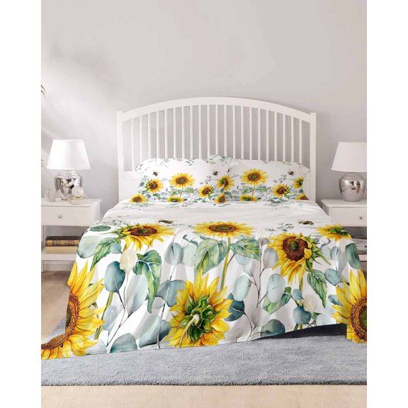 4 Piece King Sheet Set Sunflower Sheets Set for King Size Bed, Breathable Soft Microfiber Bed Sheets Cooling Sage Green Summer Botanical Eucalyptus Farmhouse Bee Fitted Sheet Deep Pocket, Pillowcases