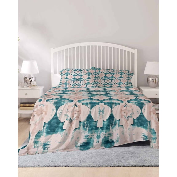 4 Piece King Sheet Set Teal Boho Sheets Set for King Size Bed, Breathable Soft Microfiber Bed Sheets Cooling Farmhouse Retro Ethnic Turkish Pattern Motifs Fitted Sheet Deep Pocket, Pillowcases