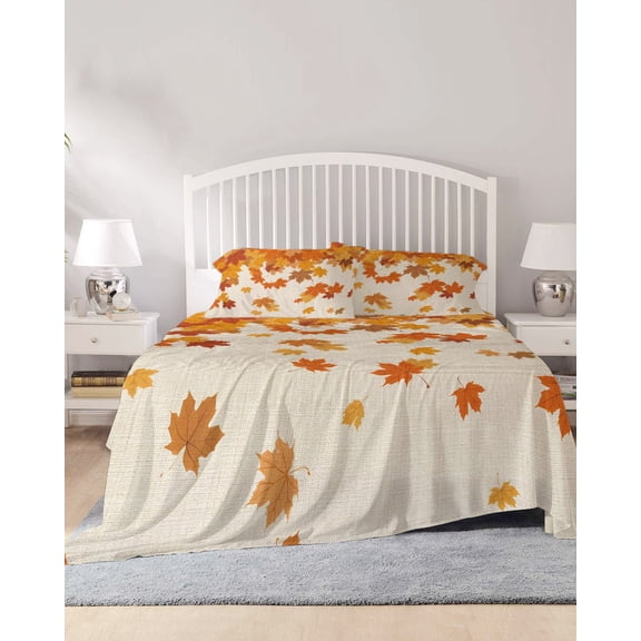 4 Piece King Sheet Set Thanksgiving Sheets Set for King Size Bed, Breathable Soft Microfiber Bed Sheets Cooling Retro Orange Fall Maple Leaves Autumn Fitted Sheet Deep Pocket, Pillowcases
