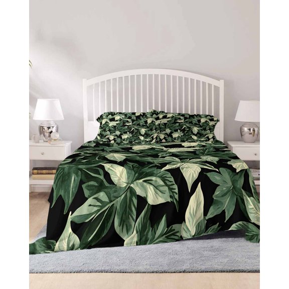 4 Piece King Sheet Set Tropical Leaf Sheets Set for King Size Bed, Breathable Soft Microfiber Bed Sheets Cooling Summer Palm Tree Branch Nature Modern Fitted Sheet Deep Pocket, Pillowcases