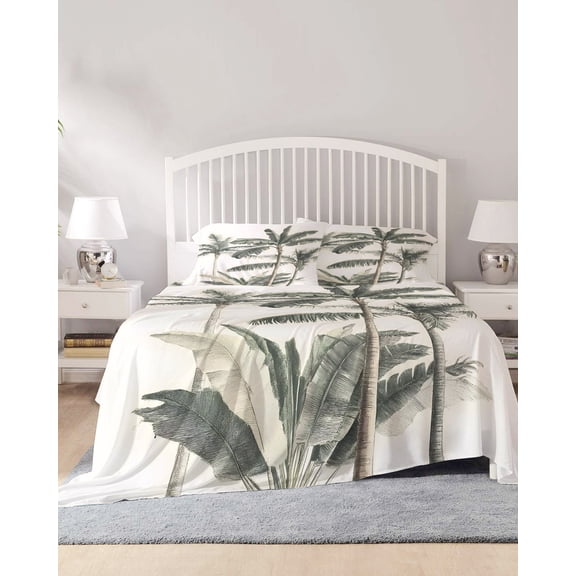 4 Piece King Sheet Set Tropical Palm Tree Sheets Set for King Size Bed, Breathable Soft Microfiber Bed Sheets Cooling Summer Beach Botanical Fitted Sheet Deep Pocket, Pillowcases