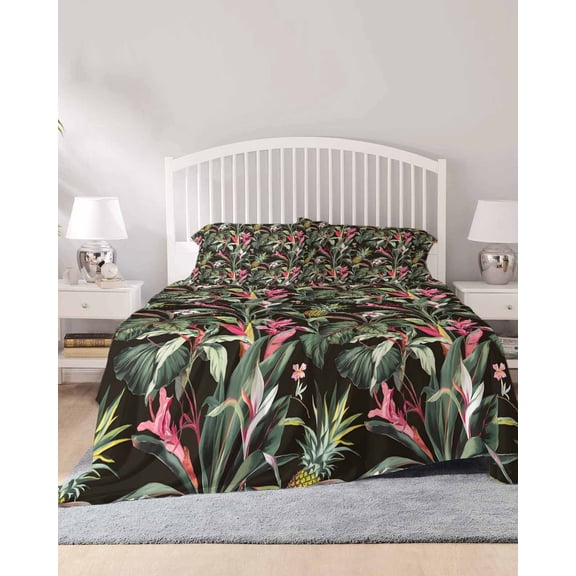 4 Piece King Sheet Set Tropical Pineapple Sheets Set for King Size Bed, Breathable Soft Microfiber Bed Sheets Cooling Pink Green Botanical Leaves Fitted Sheet Deep Pocket, Pillowcases