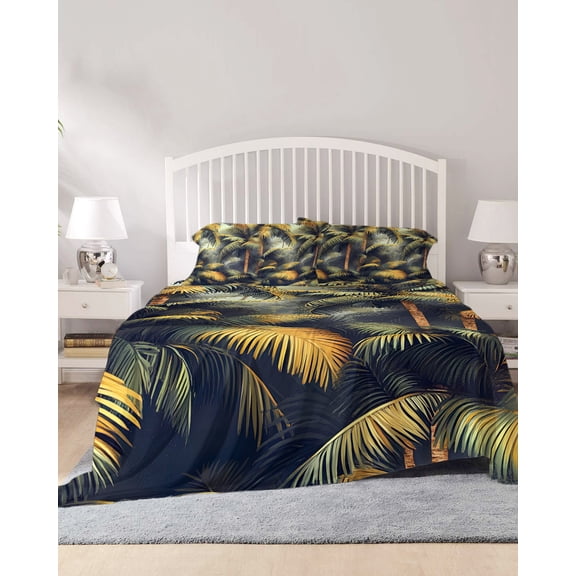 4 Piece King Sheet Set Tropical Plant Sheets Set for King Size Bed, Breathable Soft Microfiber Bed Sheets Cooling Summer Botanical Palm Tree Leaves Retro Fitted Sheet Deep Pocket, Pillowcases