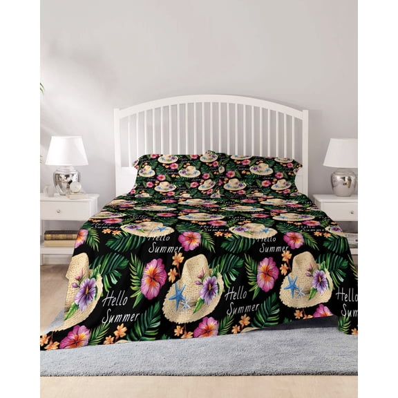 4 Piece King Sheet Set Tropical Plants Sheets Set for King Size Bed, Breathable Soft Microfiber Bed Sheets Cooling Green Palm Leaf Summer Flowers Straw Hat Fitted Sheet Deep Pocket, Pillowcases