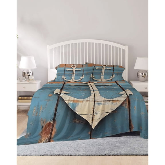 4 Piece King Sheet Set Vintage Beige Anchor Sheets Set for King Size Bed, Breathable Soft Microfiber Bed Sheets Cooling Modern Nautical Coastal Wooden Fitted Sheet Deep Pocket, Pillowcases