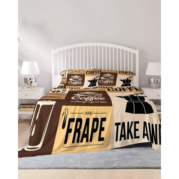 4 Piece King Sheet Set Vintage Coffee Sheets Set for King Size Bed, Breathable Soft Microfiber Bed Sheets Cooling Farmhouse Retro Art Coffee Beans Fitted Sheet Deep Pocket, Pillowcases