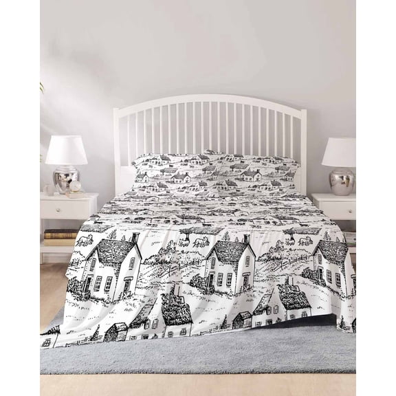 4 Piece King Sheet Set Vintage Farmhouse Sheets Set for King Size Bed, Breathable Soft Microfiber Bed Sheets Cooling Country Farm Houses Cows Sheep Animal Fitted Sheet Deep Pocket, Pillowcases