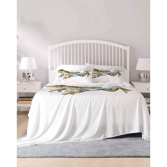 4 Piece King Sheet Set Vintage Frog Sheets Set for King Size Bed, Breathable Soft Microfiber Bed Sheets Cooling Water Surface Motif Animals Artwork Fitted Sheet Deep Pocket, Pillowcases